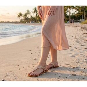 POP Adreana Rose Gold Glitter T-Strap Flat Sandals Womens 7.5M Sparkly Thong